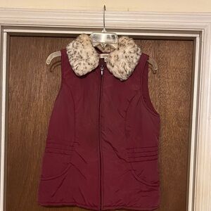 Chico's Maroon Puffer Vest with Faux Fur Collar
